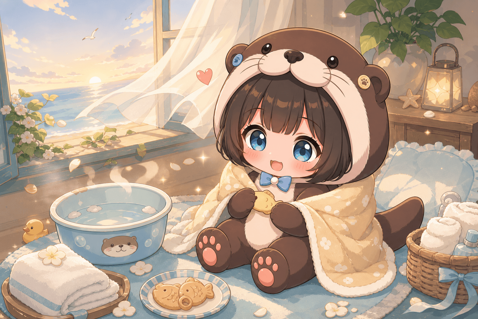 Otta O wrapped in a little blanket beside a breezy window with a wash basin and fish biscuits nearby.